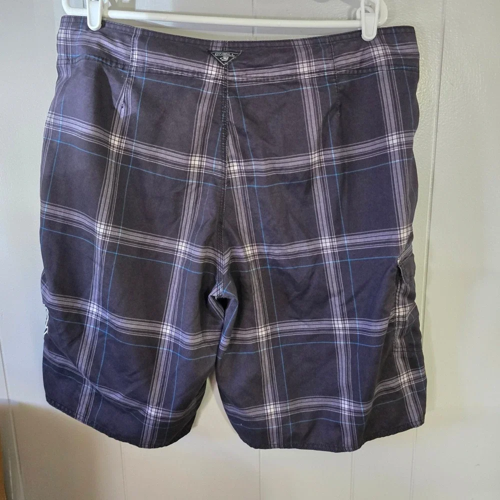 O'Neill Board Shorts Mens 38 Black Plaid Cargo Pocket Embroidered Logo Surf Swim